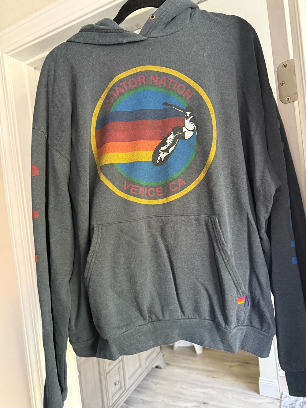 Aviator Nation Women’s Charcoal Crewneck Hoodie with Rainbow Patch